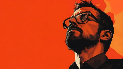 Bearded man gazes upward under bold graphic orange light.