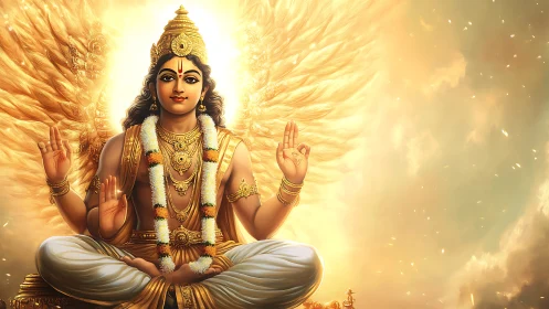 Radiant winged deity in golden sunrise halo of calm power.