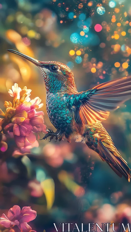 Iridescent hummingbird hovers amid glowing floral bokeh.