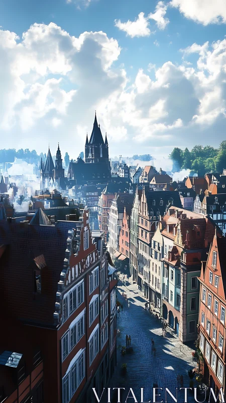 Historic European old town street under bright daylight.