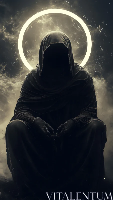 Haloed Shadow Prophet seated in swirling spectral dusk.