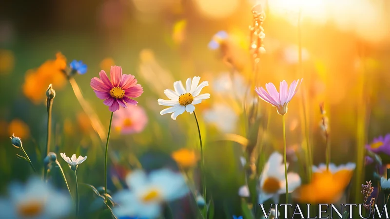 Wildflower Meadow in Golden Hour Sunlight with Selective Focus
