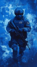 Tactical infantry operator in blue monochrome digital combat scene