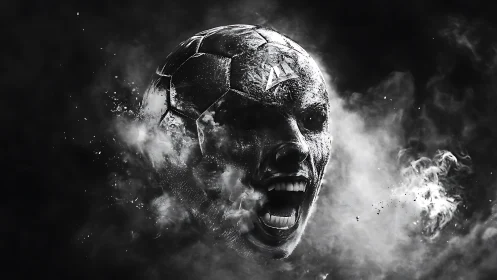 Explosive monochrome fusion of human face and soccer ball rendered