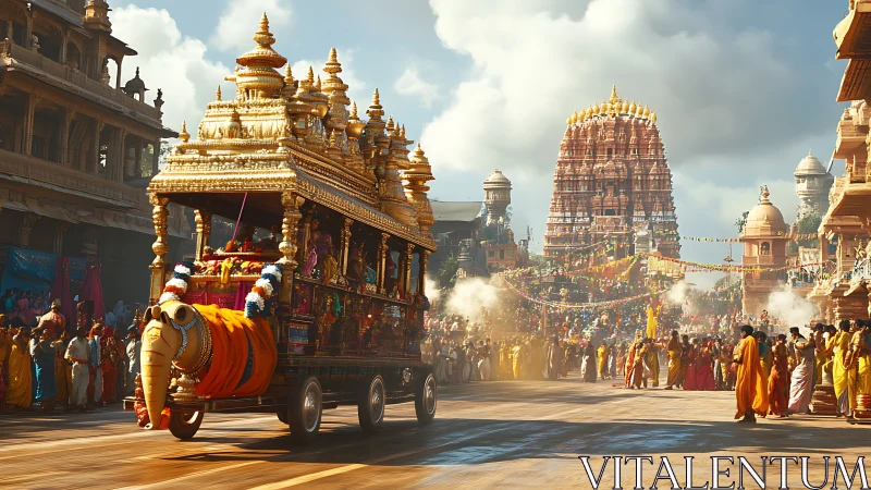 Golden temple chariot procession through vibrant Indian street.