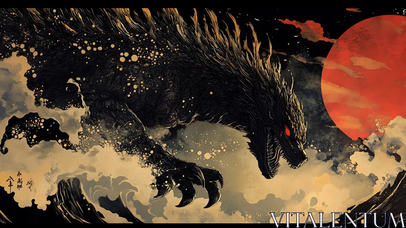 Kaiju silhouette tears storm seas under molten red moon.