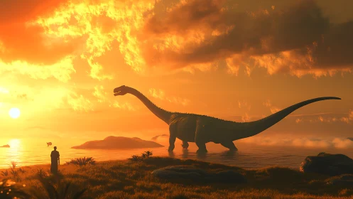 Giant sauropod silhouette dominates blazing coastal sunset