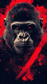 Gorilla portrait with crimson splatter and intense red gaze.