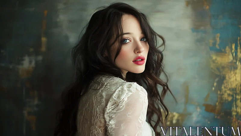 Porcelain gaze beneath painterly dusk light and lace.