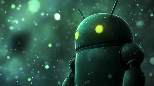 Glow-eyed android sentinel drifts through emerald stardust.