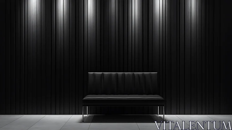 Minimalist black lobby bench under linear architectural lighting.