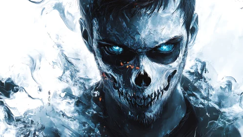 Icy skull-faced warrior stares forward with blazing blue eyes