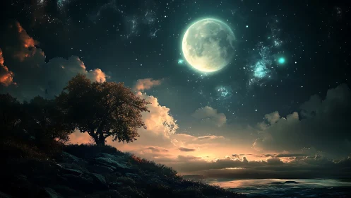 Moonlit tree and ocean dreaming beneath a cosmic lantern.