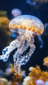 Spotted jellyfish drifts through glowing blue ocean void.