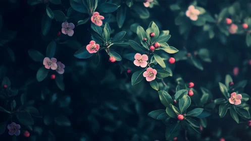 Coral Blossoms with Red Berries: Botanical Macro Study.