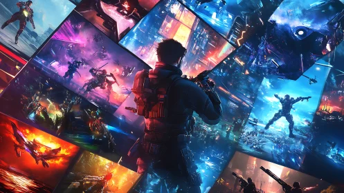 Cyber soldier surveys neon battle screens in futuristic command