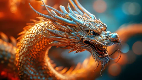 Luminous golden dragon coils in vivid cinematic bokeh glow