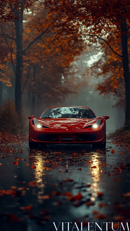 Scarlet supercar prowls a misty amber autumn roadway.