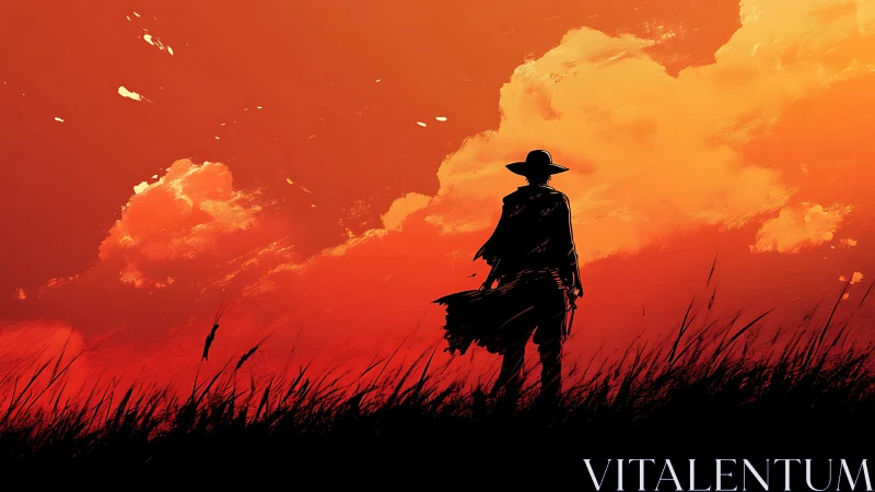 Lone cowboy silhouette against vivid red sunset sky.