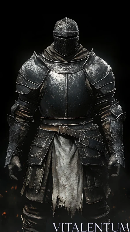 Steel-clad dark knight standing in worn, battle-scarred armor.