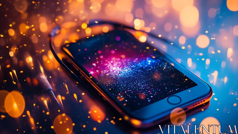 Glittering smartphone closeup under colorful bokeh light.