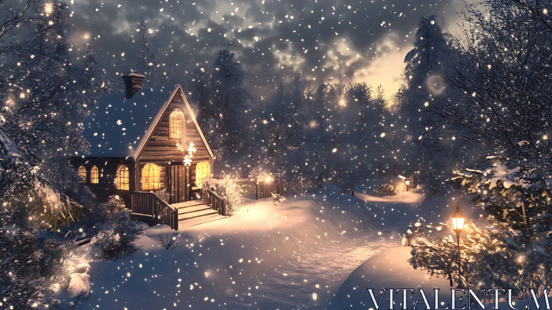 Snowlit cabin and winding lane under glowing winter sky.