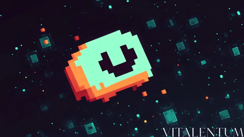 Glowing pixelated smile icon drifts through abstract data grid