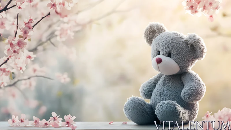 Soft toy bear in pastel blossom setting, photorealistic rendering.