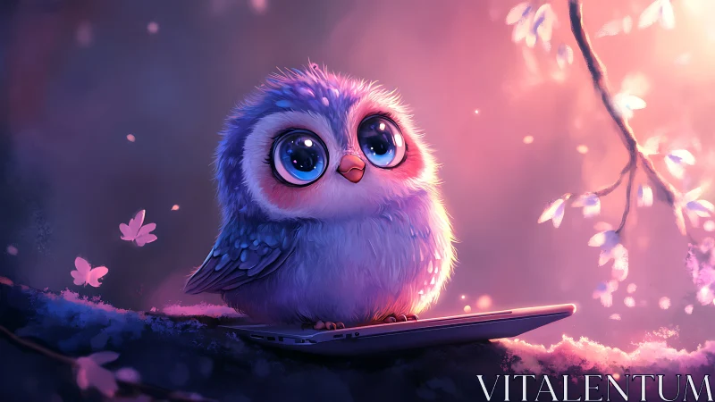 Baby owl glows over tablet under soft pastel twilight