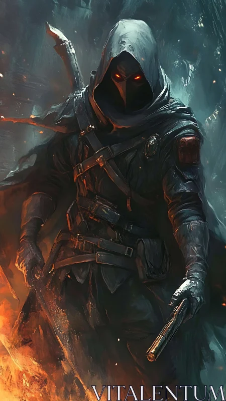Hooded gunslinger stalks through infernal embers in shadowed cloak.