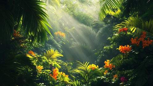 Dense tropical jungle with sunbeams and orange flowers.