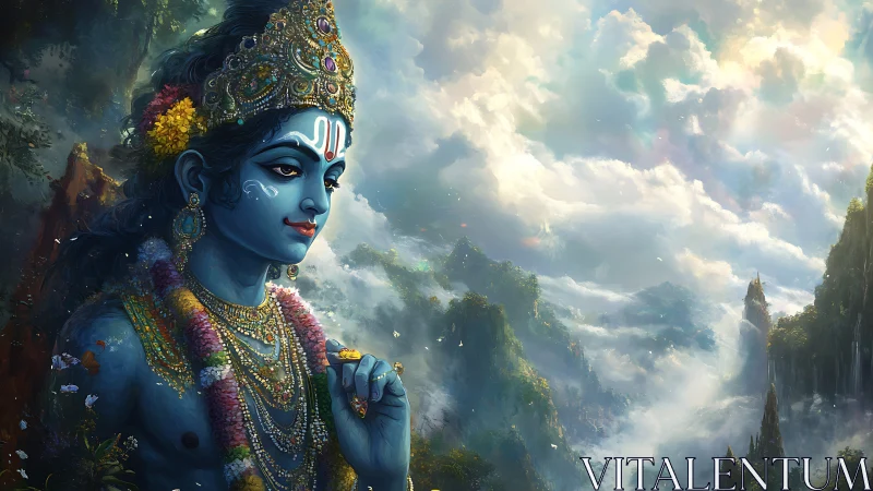 Divine blue deity over misty mountains and radiant sky.