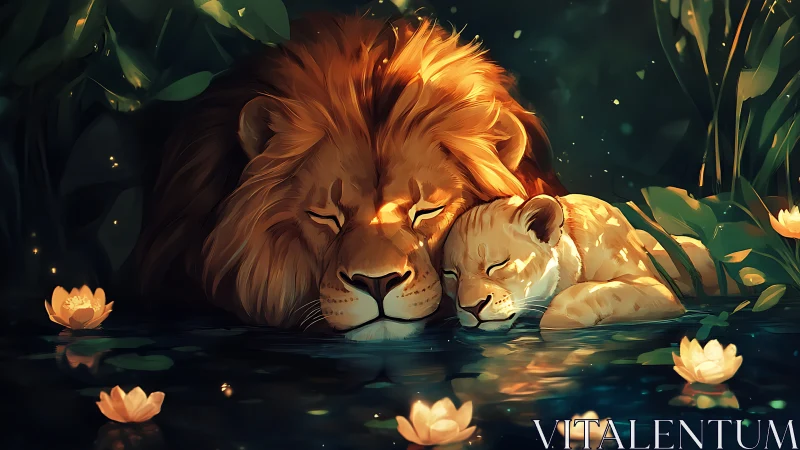 Digital illustration depicting adult lion and cub resting in tranquil aquatic environment
