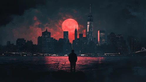 Crimson moonlight gently crowns a quiet, shadowed city skyline