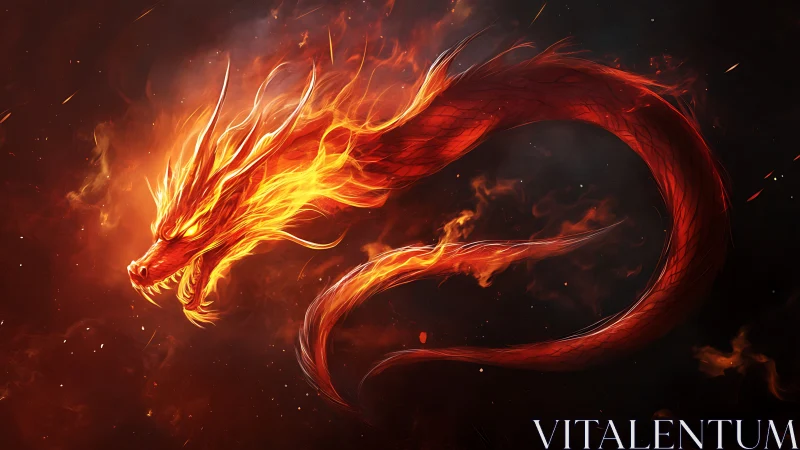 Blazing fire dragon coils through stormy cosmic embers.