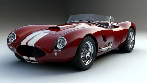 Crimson vintage roadster prowls in sculpted spotlighted calm.
