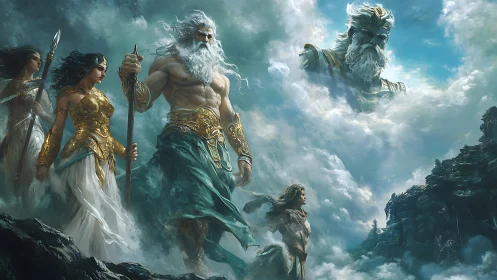 Mythic figures traverse rocky cliffs beneath colossal deity