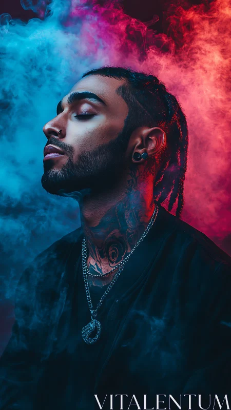 Calm rebel in neon smoke between blue and ember light.