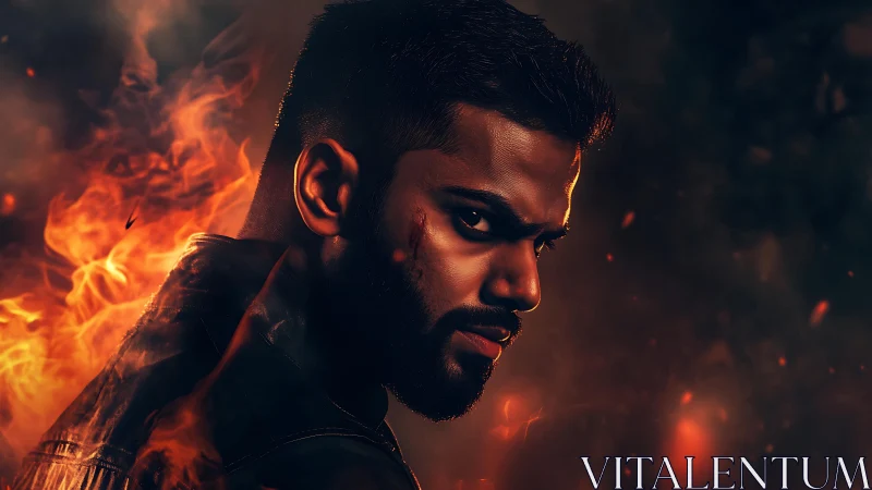 Intense male portrait in cinematic firelit digital painting