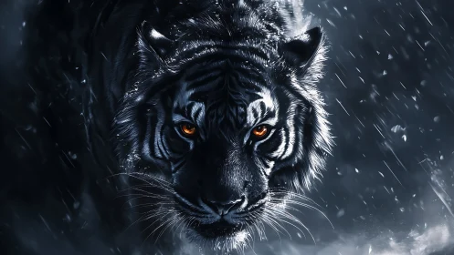 Digital close-up of tiger in snowfall with orange eyes.