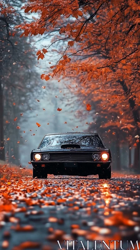 Classic black car under falling orange autumn leaves.