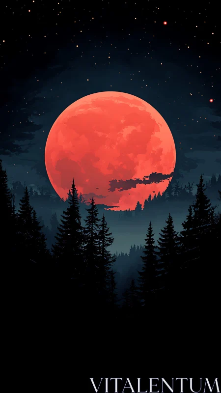 Red lunar disk rises above layered conifer forest silhouettes