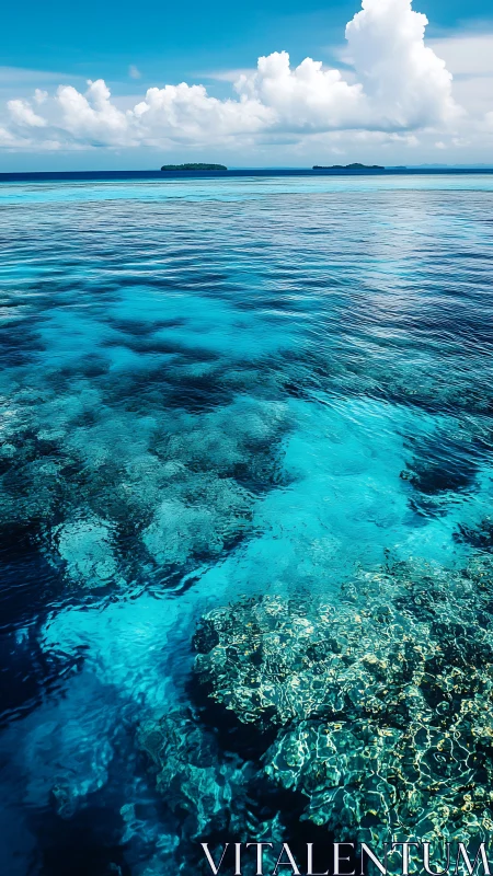 Tropical coral reef under crystal clear turquoise sea surface.