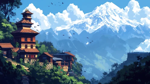 Mountain village with tiered temple sits below snow peak