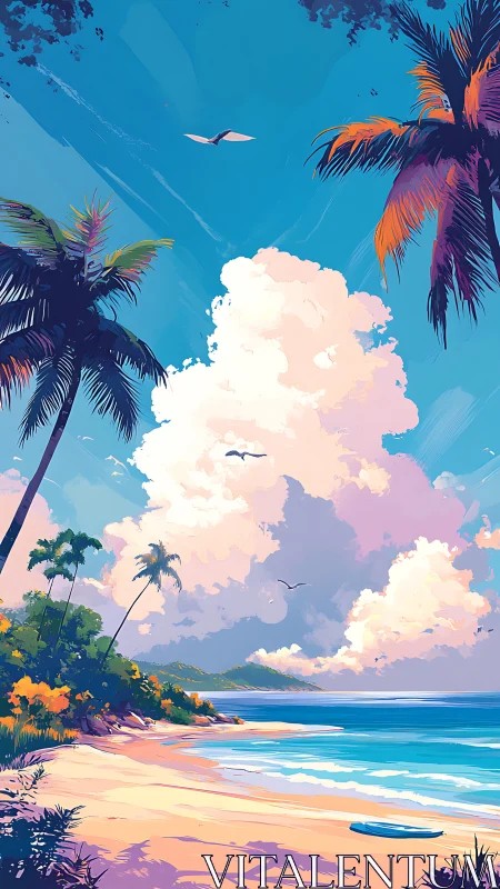 Tropical Coastal Paradise: Digital Illustration with Luminous Sky.