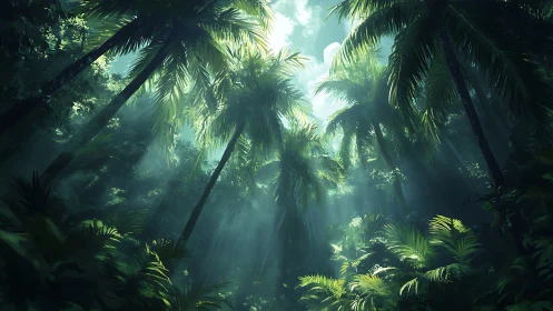 Tropical Rainforest Canopy. Sunlight Through Dense Palm Trees.