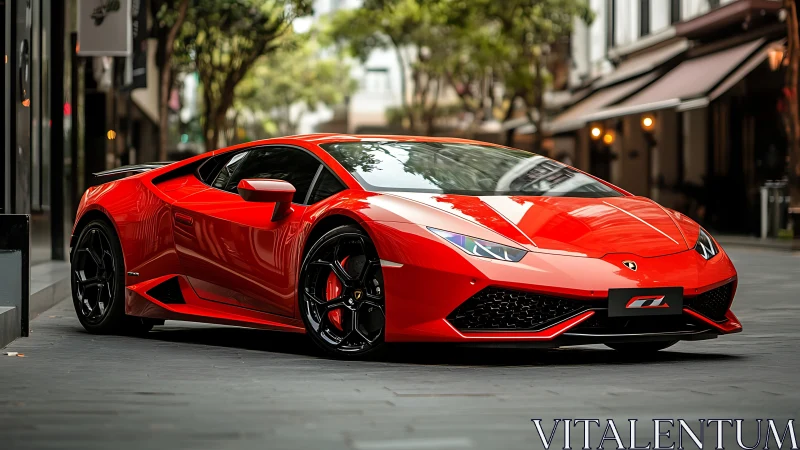 Sleek red supercar rests in a modern, upscale city street.