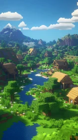 Minecraft Village Landscape with Mountain and River