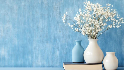 Powder-blue vases whisper calm beside blossoming white stems