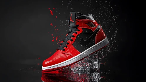 Red and black high-top sneaker splashes through water dramatically.